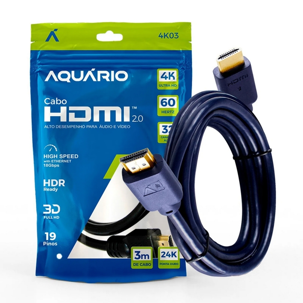 Cabo HDMI Macho x Macho 2.0 4K 19 Pinos Ultra HD 3,0 Metros Conectores Folheado a Ouro Aquário - 4K03