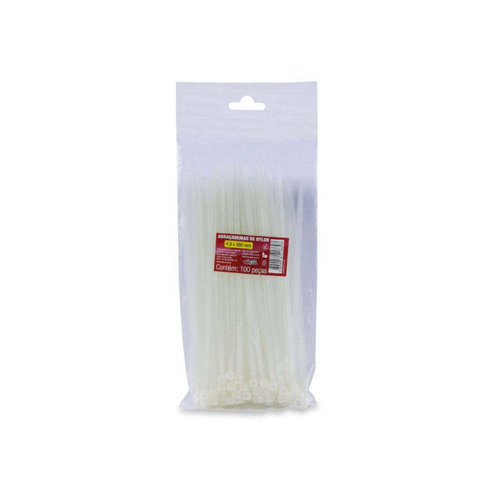 Abraçadeira Plástica Force Line 4,8 x 200mm Branco 0600500014 - Pacote com 100 Unidades
