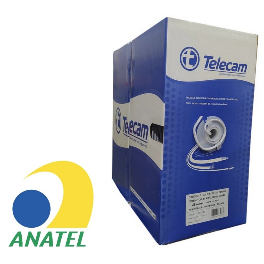 Cabo de Rede 24AWG Telecam Cat.5E 4 Pares Branco 210800102 Caixa com 305 Metros - 100% Cobre Homologado ANATEL