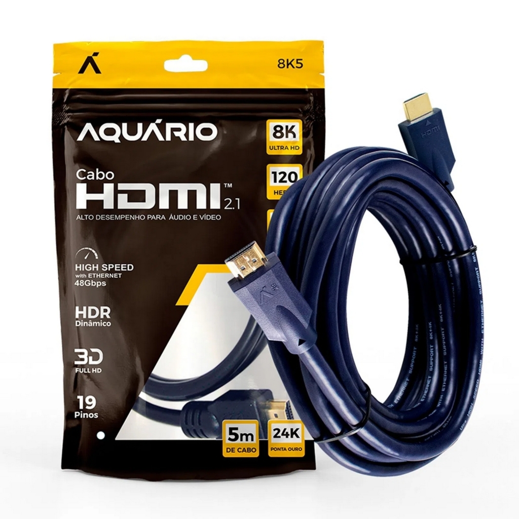 Cabo HDMI Macho x Macho 2.1 8K 19 Pinos Ultra HD 5,0 Metros Conectores Folheado a Ouro Aquário - 8K5
