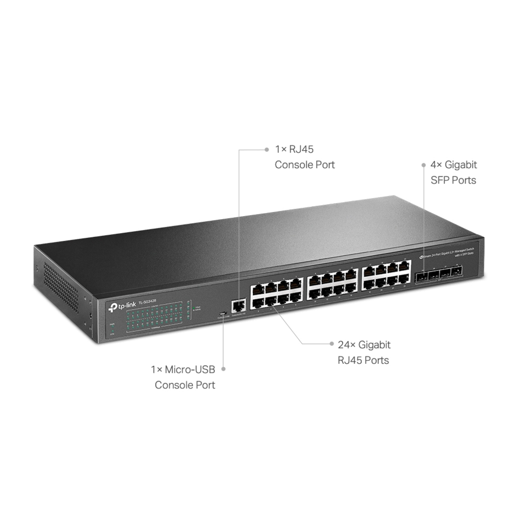 Switch Gerenciável L2+ Tp-Link SG3428 24 Portas 10/100/1000 Mbps + 4 Portas SFP + 1 Porta Console Rj45 JetStream - Omada