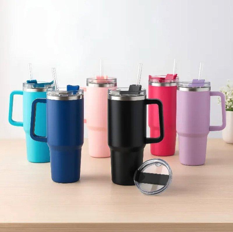 Garrafa Copo Térmico 1200 ml Aço Inox com Tampa e Canudo Vermelho