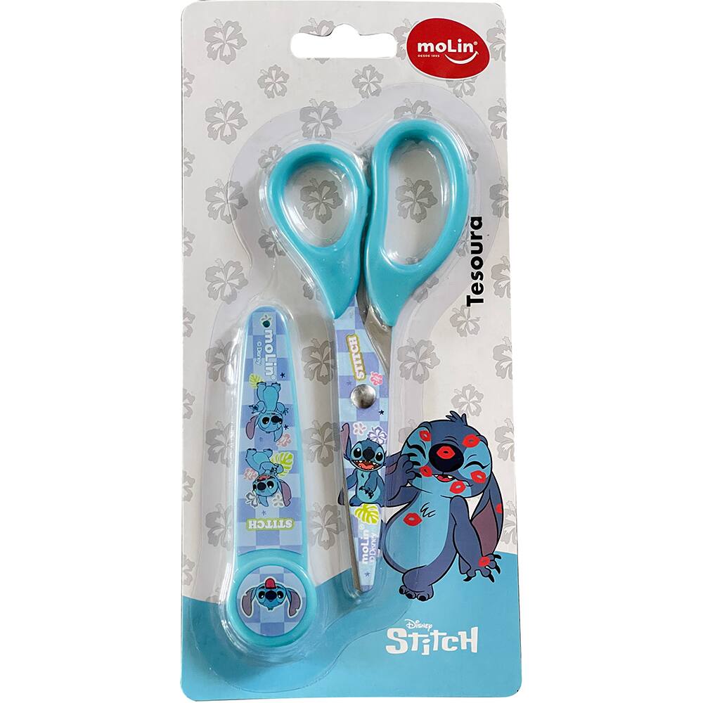 Tesoura Escolar STITCH 13cm com Protetor Lâmina de Aço Inox