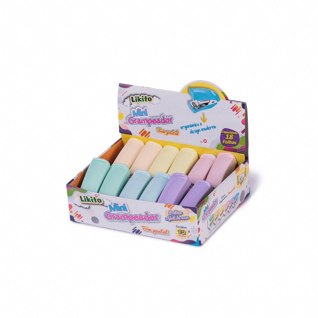 Grampeador Lyke Mini Corpo Plástico Resistente e Textura Emborrachada para 18 Folhas Tom Pastel Sortido