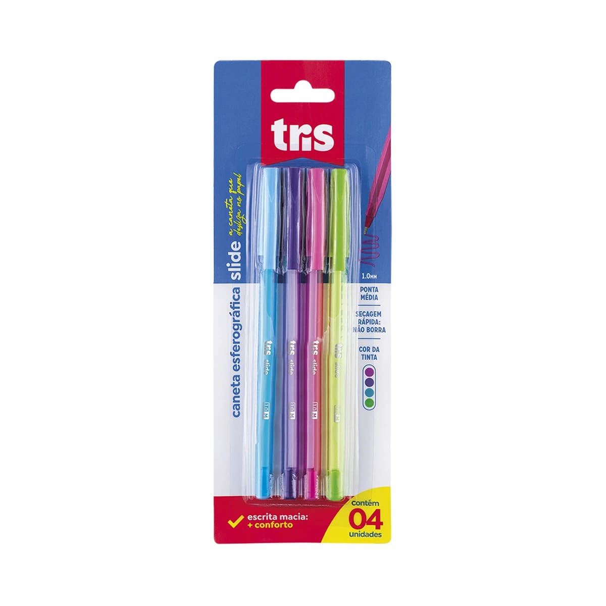 Caneta Esferográfica TRIS Slide Ponta 1.0mm Contém 4 Unidades