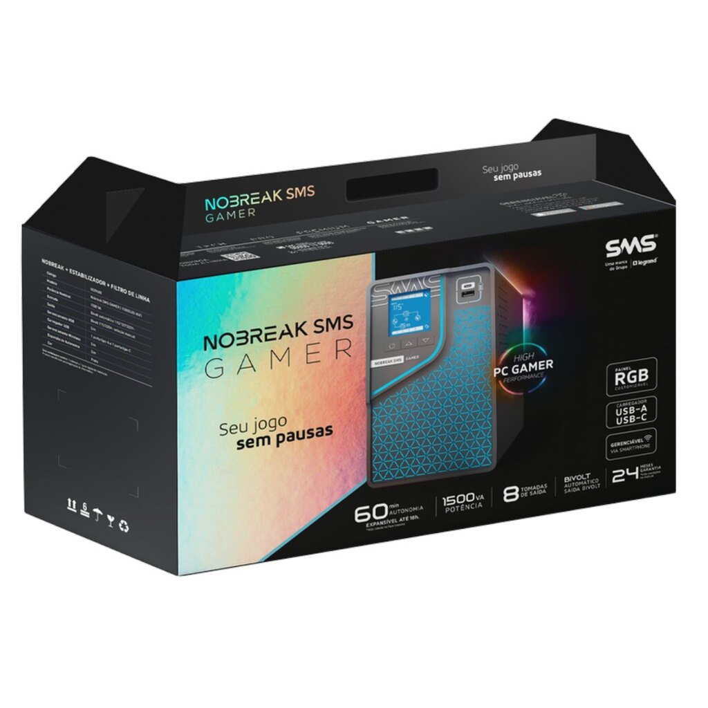 No-Break SMS Gamer 1.5 KVA Entrada Bivolt e Saída Bivolt Wi-Fi 2 Baterias - 29600 - com Conexão para Bateria Externa