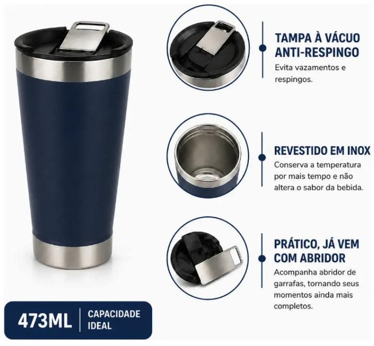 Copo Térmico 473 ml Aço Inox Com Tampa e Abridor Azul