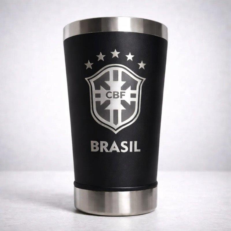 Copo Térmico Seleção Brasil 473 ml Aço Inox Com Tampa e Abridor Preto