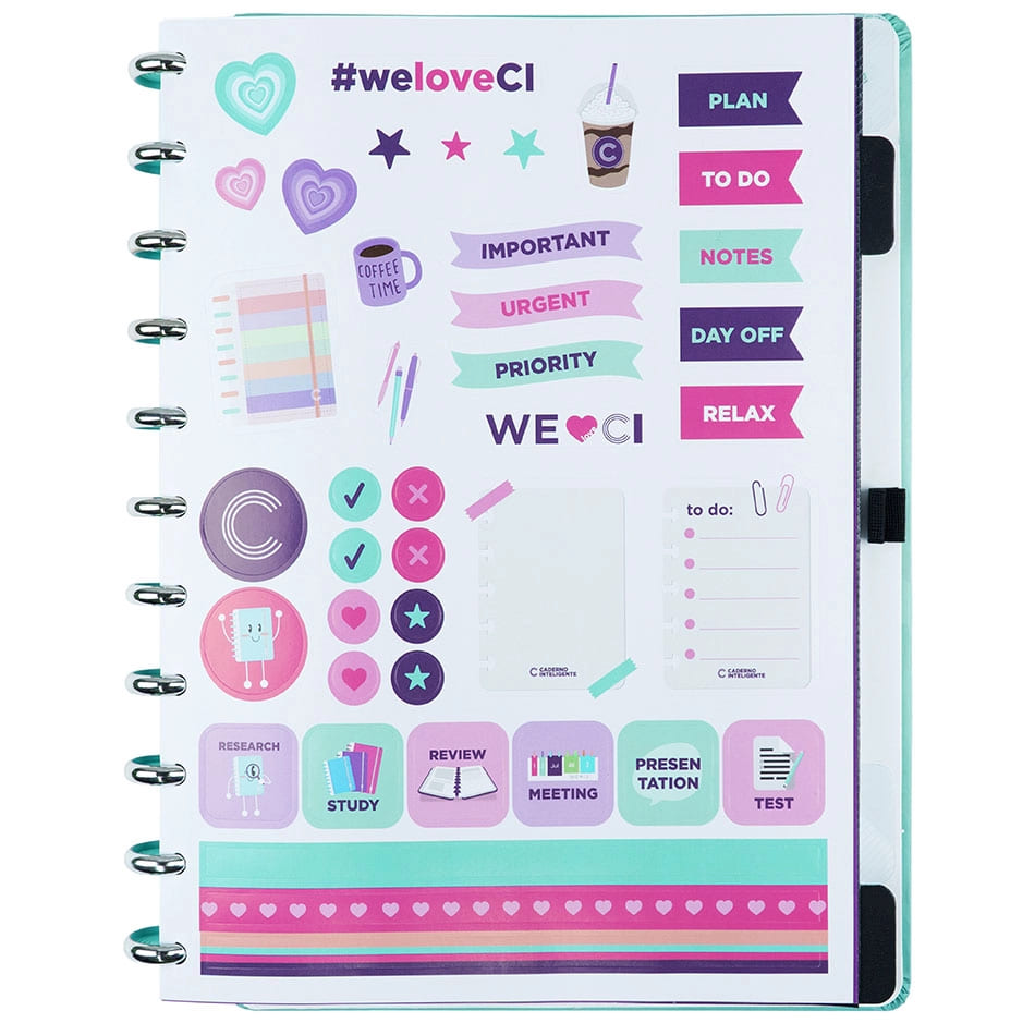 Caderno Inteligente Turquoise Love Grande 60 Folhas com Pauta e 20 Folhas Lisas