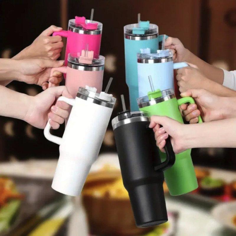 Garrafa Copo Térmico 1200 ml Aço Inox com Tampa e Canudo Laranja