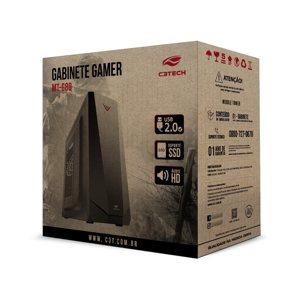 Gabinete Gamer C3tech Mid Tower Preto sem Fonte - MT-G80BK