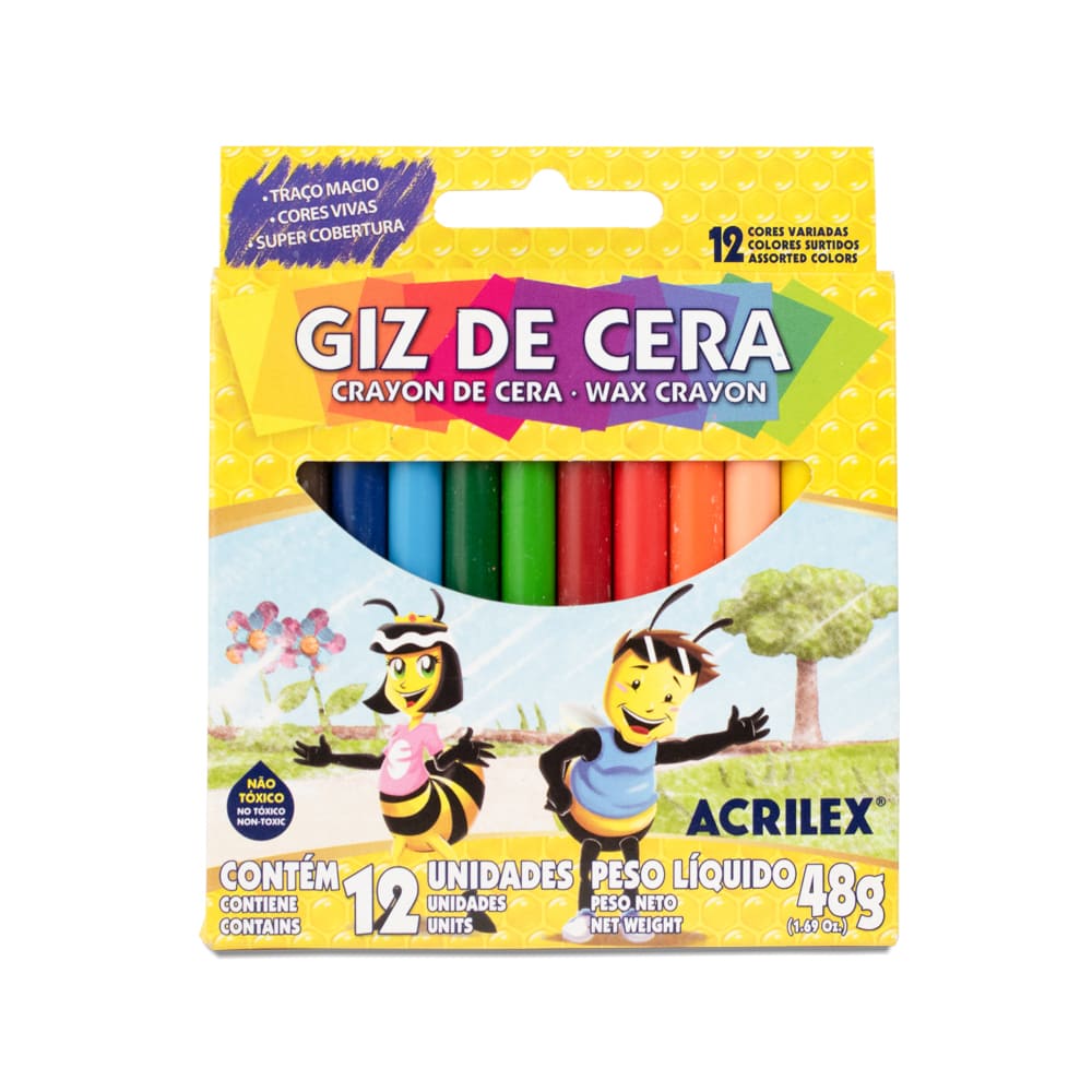 Giz de Cera Acrilex Big com 12 Cores Vivas e Super Cobertura