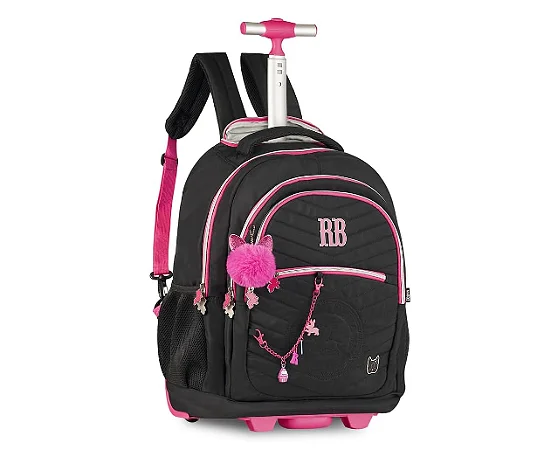 Mochila com Rodas Rebecca Bonbon Grande Preta Detalhes Rosa