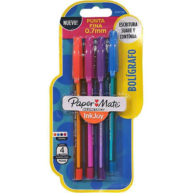 Caneta Esferográfica Paper Mate Kilometrica 100 Inkjoy 0.7 mm com 4 Unidades