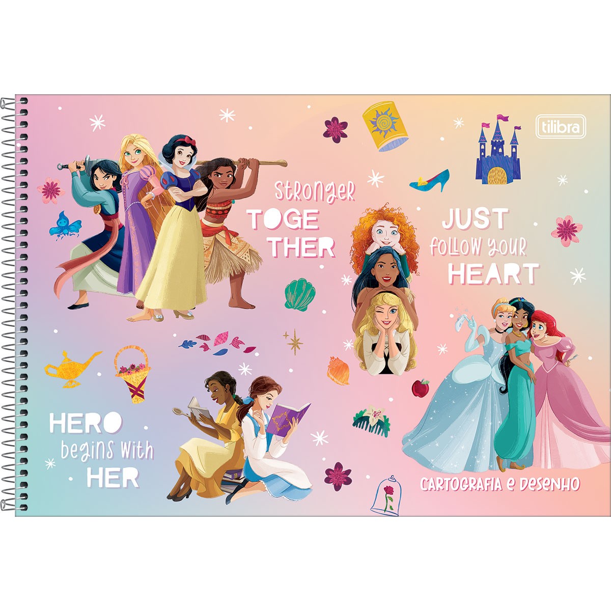 Caderno Cartografia Tilibra Princesas Espiral Capa Dura Sem Pauta 80 Folhas