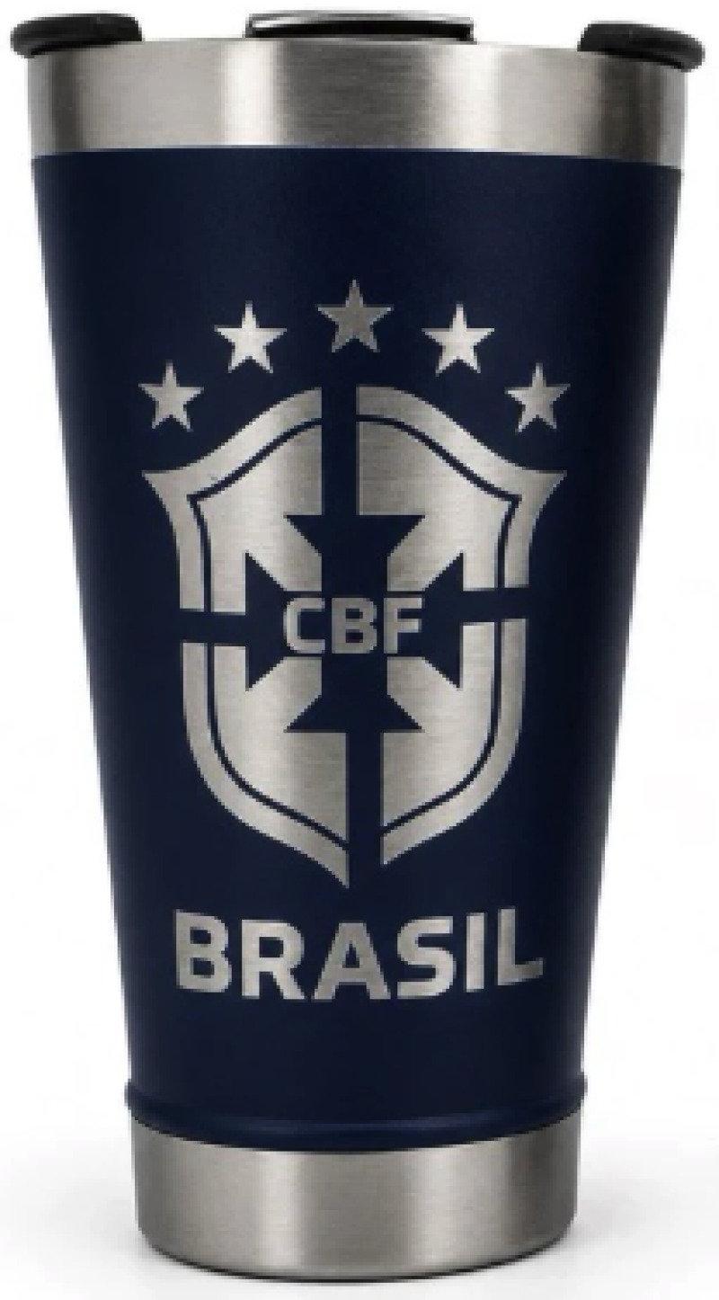 Copo Térmico Seleção Brasil 473 ml Aço Inox Com Tampa e Abridor Azul
