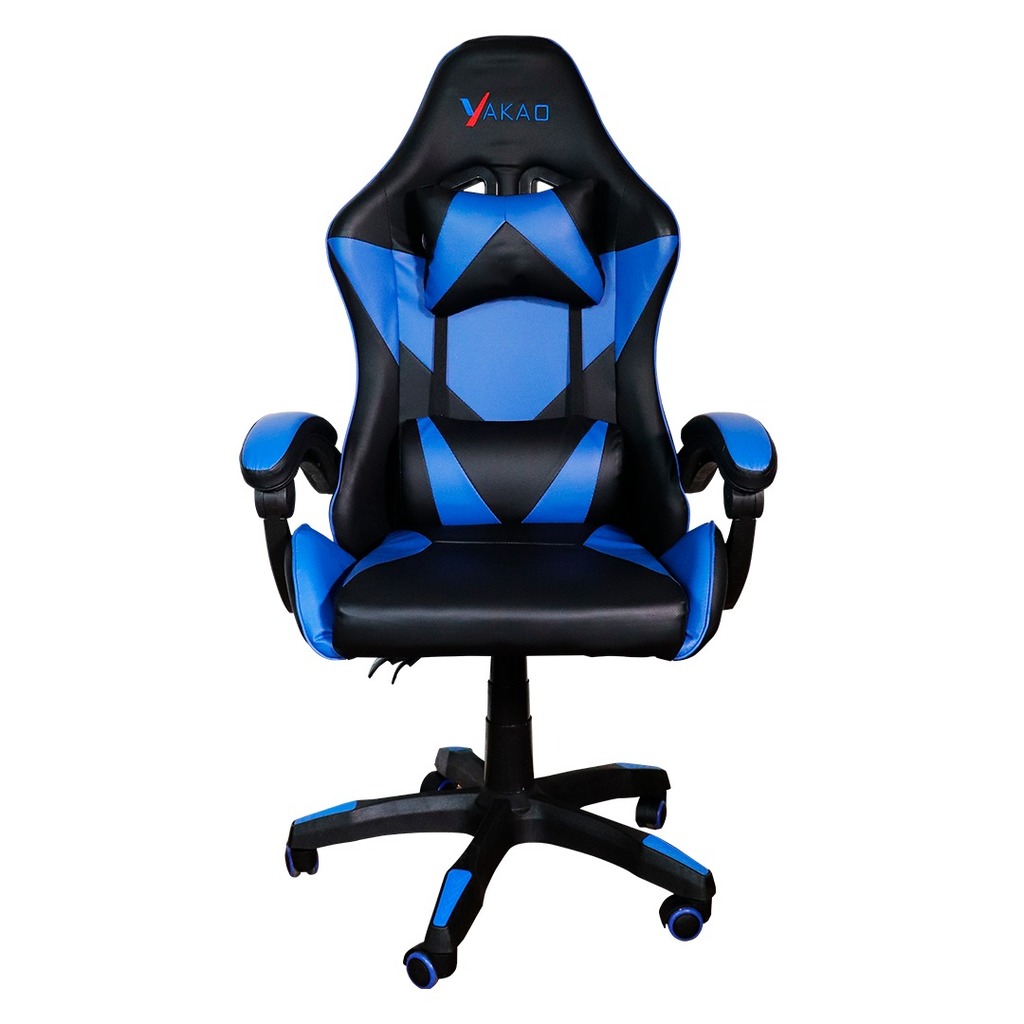 Cadeira Gamer Giratória Preto e Azul com Braço Ajuste de Altura e Encosto Reclinável Yakao - GC007Blue