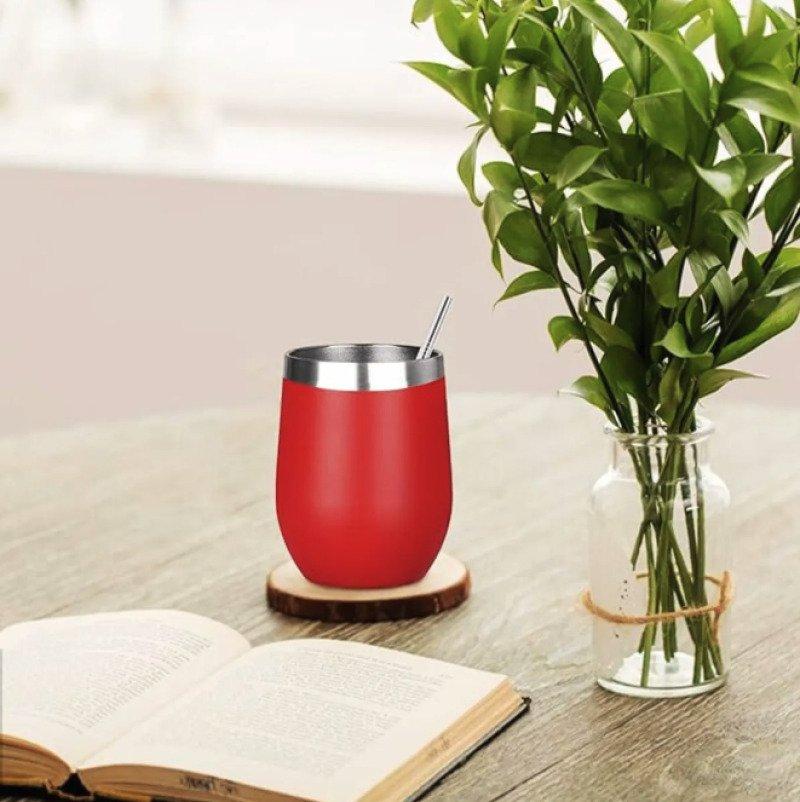 Copo Térmico Cuia 350 ml Aço Inox com Tampa Vermelho
