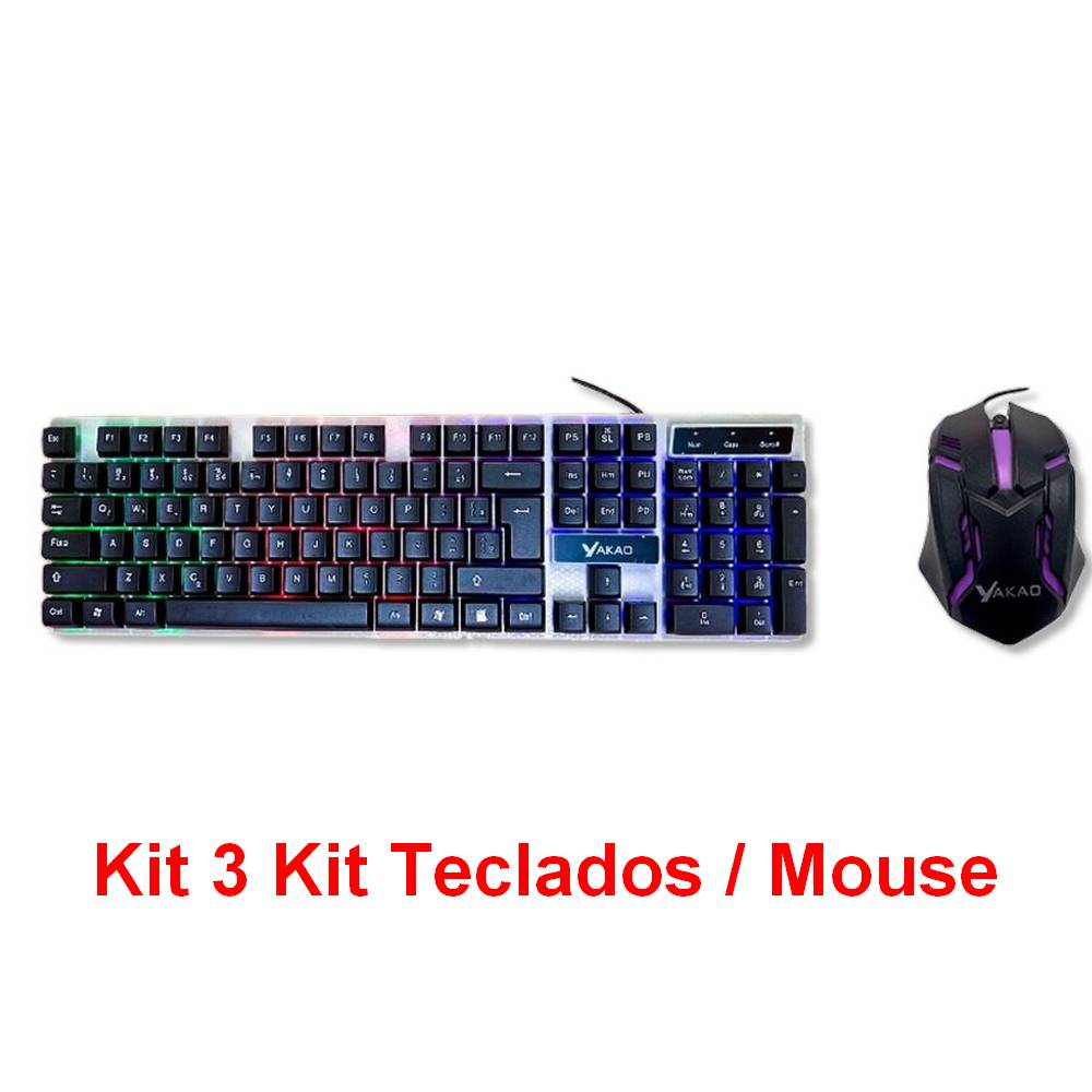 KIT 3 Kit Teclado + Mouse USB Gamer Yakao Preto com Led T350