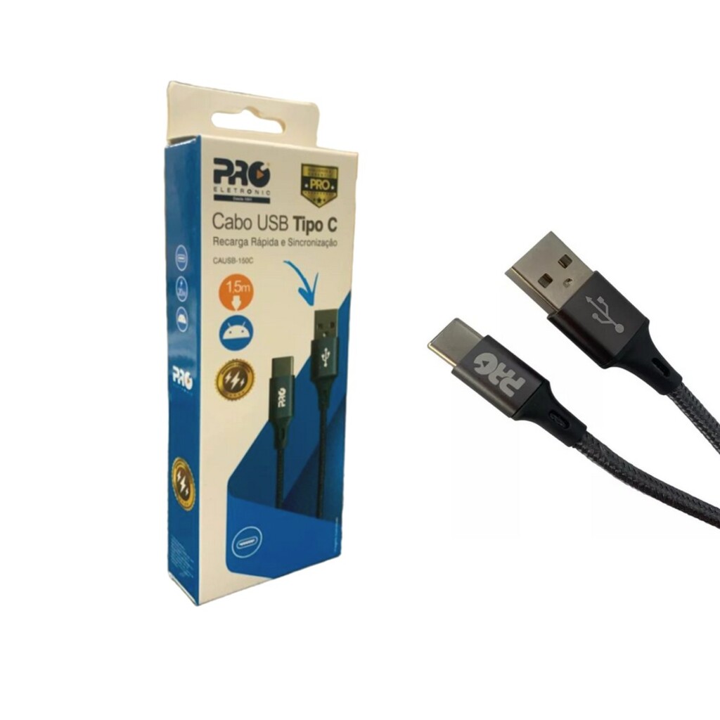 Cabo USB A-Macho - Type-C Macho 20W 1,5 Metros Nylon Proeletronic  - CAUSB150C