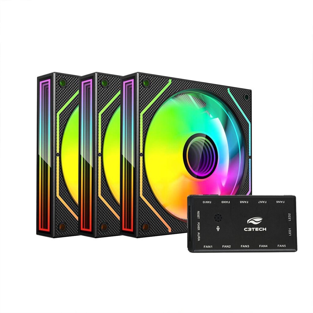 Kit Cooler com 3 Fans ARGB C3tech 120x120x25mm com Controle e Controladora - F9-L650BKRGB