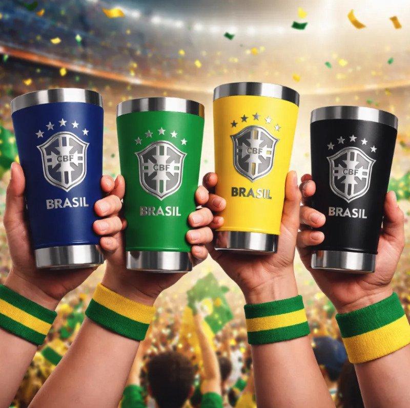 Copo Térmico Seleção Brasil 473 ml Aço Inox Com Tampa e Abridor Verde