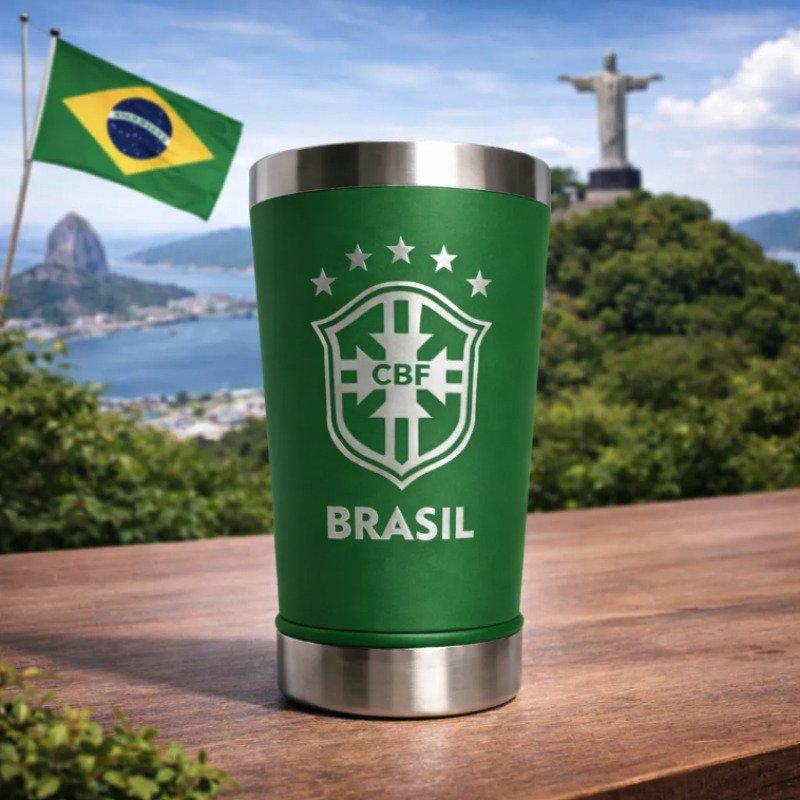 Copo Térmico Seleção Brasil 473 ml Aço Inox Com Tampa e Abridor Verde